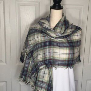 Vintage Multicolor Plaid Fringed Lightweight Scarf/Shawl 57" X 57" For Women